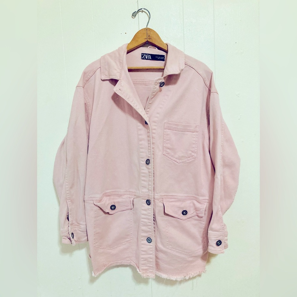 ZARA Oversized Utility Denim Jean Jacket Stretch Cotton Pink Grunge Size Small